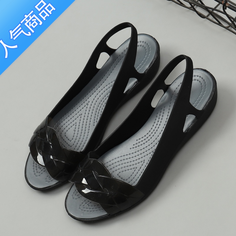 SUNTEK鱼嘴果冻凉鞋女夏季坡跟露趾防滑外穿塑料防水沙滩鞋女黑色工作露 黑色 37标准号码