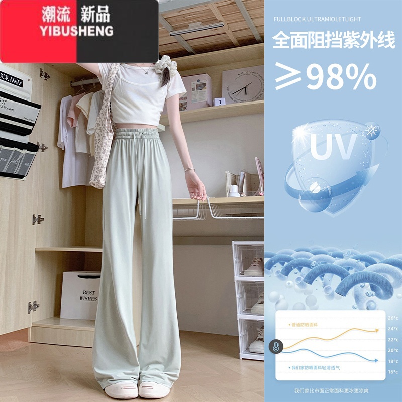 YIBUSHENG灰色冰丝微喇裤女季薄款2024新款高腰阔腿休闲小个子喇叭防晒裤高清大图