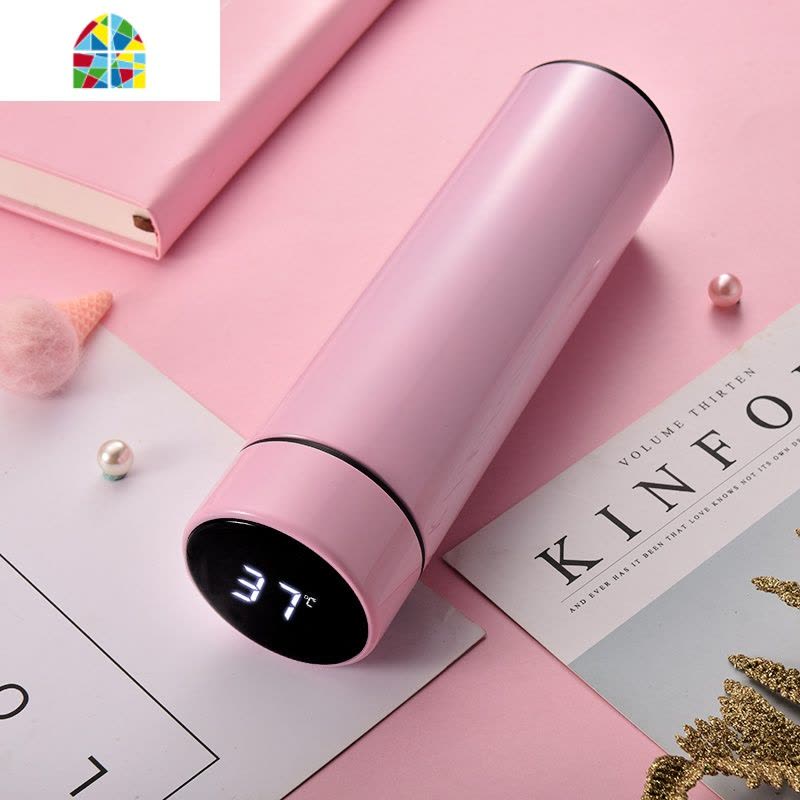 马卡龙智能测温保温杯女士男便携学生可爱简约不锈钢水杯定制刻字 FENGHOU 金色图片