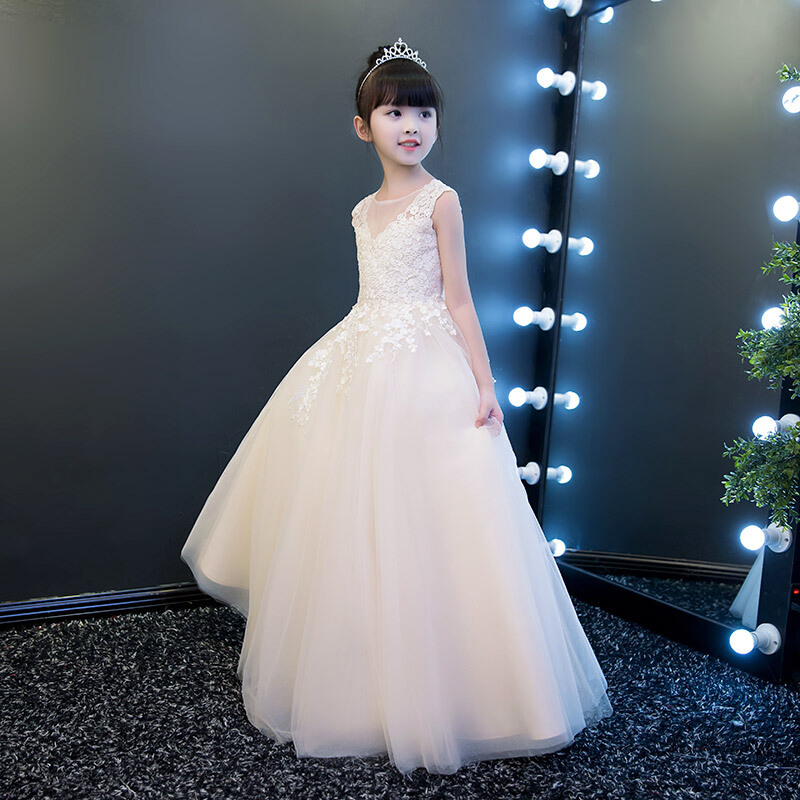公主裙女童礼服蓬蓬纱裙儿童婚纱礼服花童礼服女主持人钢琴演出服香槟色100(身高95-105体重25到35斤)