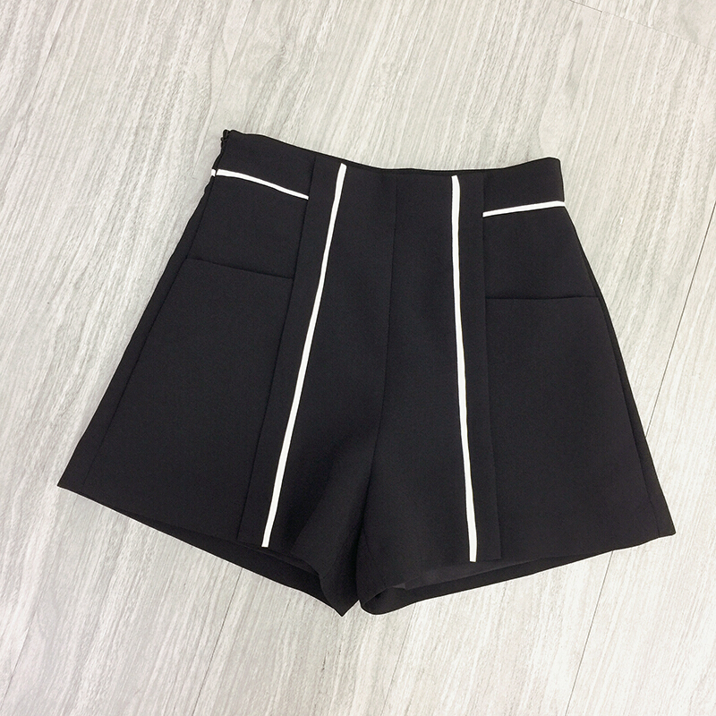 大码高腰短裤女夏2018新款200斤胖mm白边a字阔腿裤百搭休闲裤热裤黑色