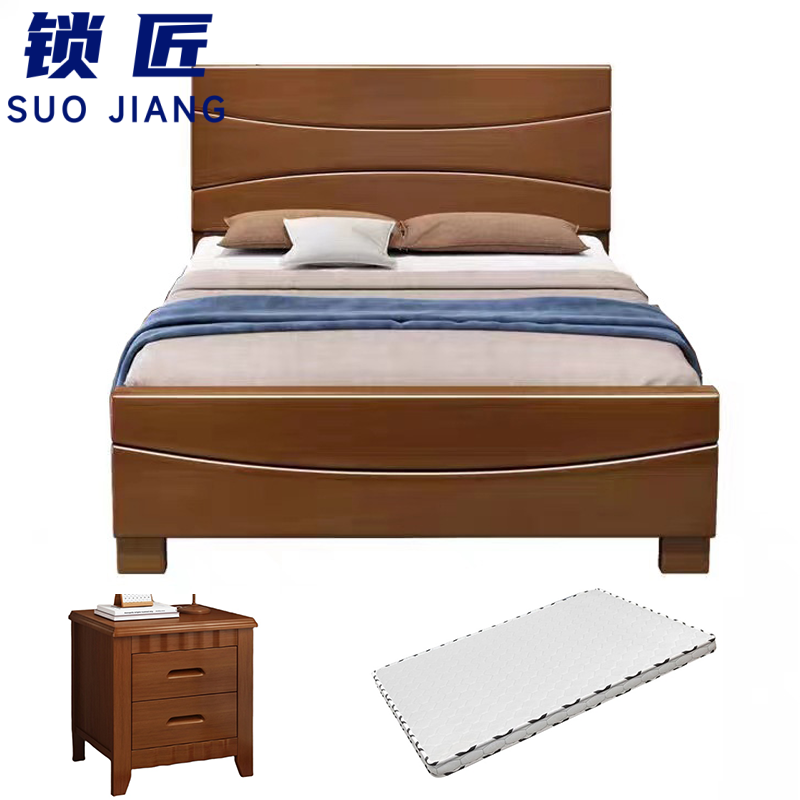 锁匠 实木床120cm+床垫+床头柜套高清大图