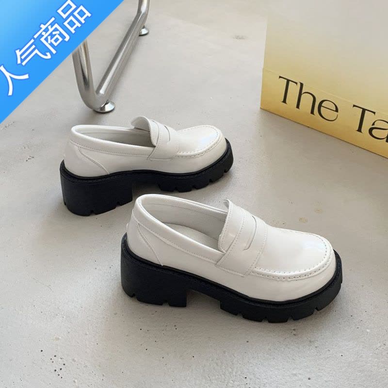 SUNTEK英伦学院风厚底小皮鞋女2023新款日系复古jk鞋白色乐福鞋高跟鞋子图片