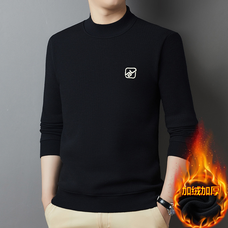 毛衣男加绒加厚冬季新款半高领羊毛混纺套头保暖针织衫男士打底 黑色 XXL
