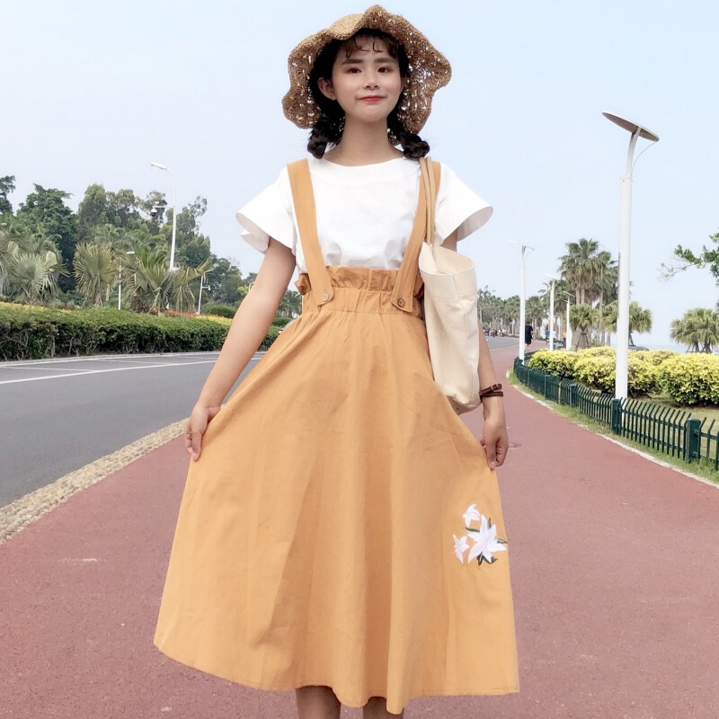 夏装女装韩版中长款学院风宽松显瘦可拆卸背带裙连衣裙半身裙长裙藏青