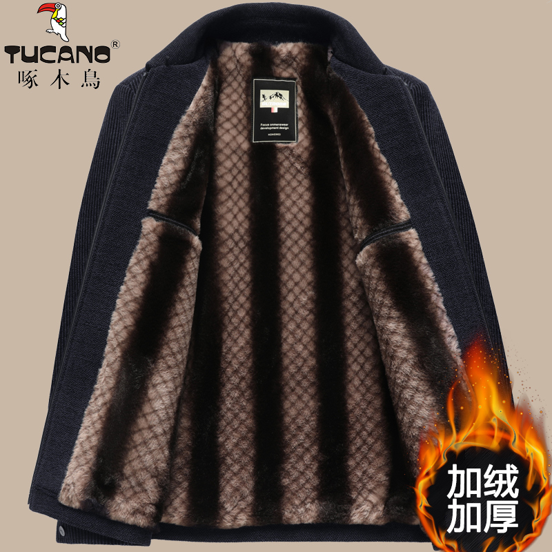 啄木鸟中老年人毛呢夹克男爸爸冬装外套加绒加厚冬季爷爷保暖棉衣高清大图
