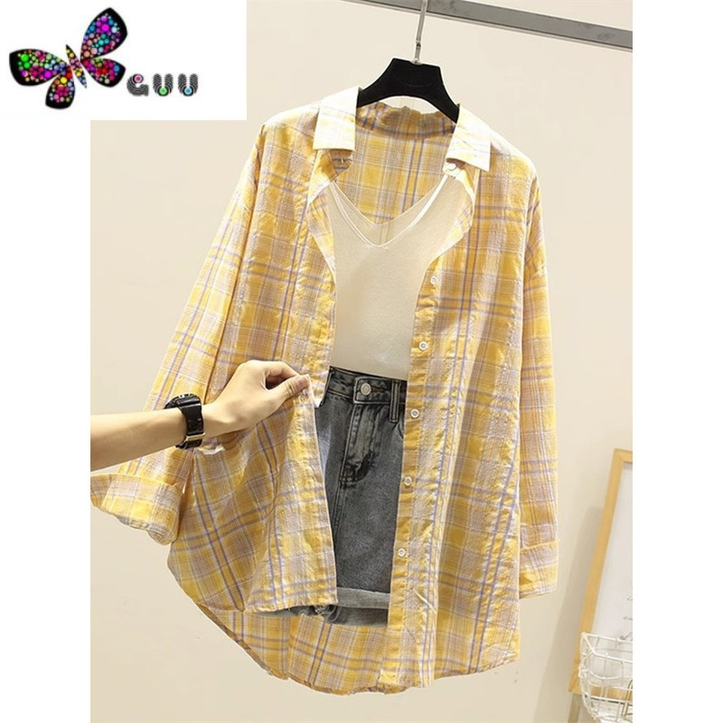 语娄棉麻格子衬衫女薄款秋季2023年新款长袖上衣宽松韩版开衫衬衣外套