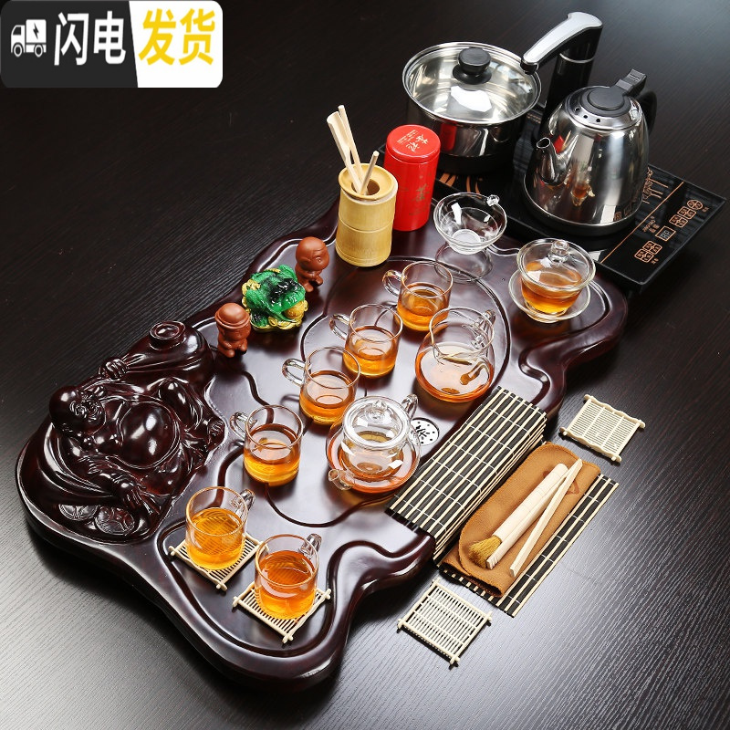 三维工匠功夫茶具套装家用简约整套电热磁炉茶盘陶瓷紫砂茶杯茶道茶台 大号杯玻璃茶具弥勒佛茶盘电磁炉套装 2件
