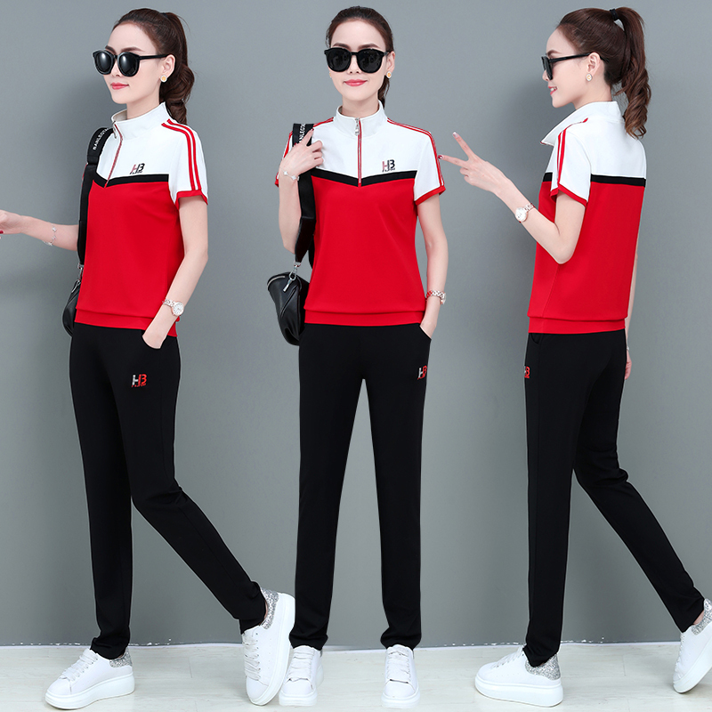 夏季运动服套装女2021新款时尚宽松洋气短袖立领休闲跑步服两件套
