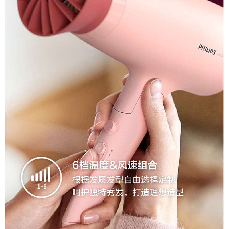 飞利浦(PHILIPS) 电吹风机 3系小花筒 大功率速干负离子恒温护发 可折叠家用 樱花粉BHD356/35高清大图