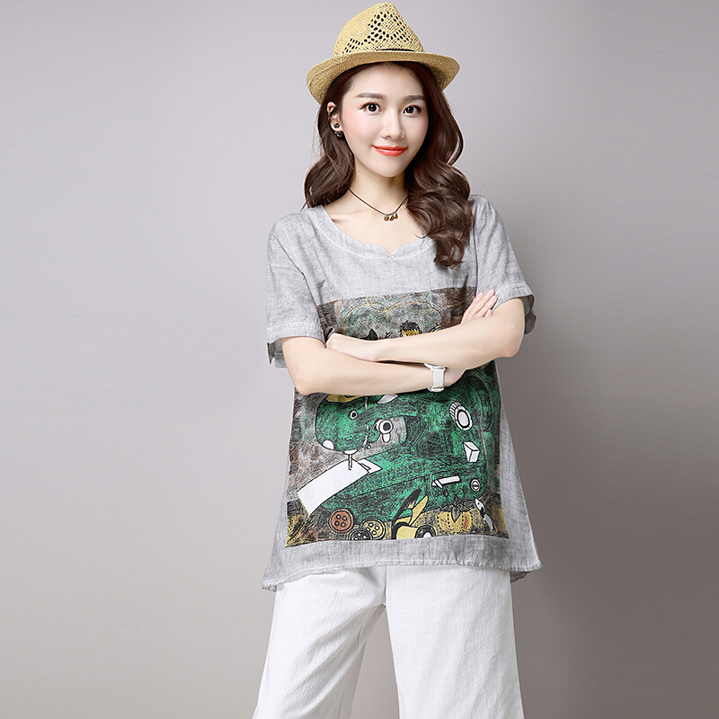 复古文艺范印花夏季时尚亚麻两件套宽松大码休闲棉麻阔腿裤套装女