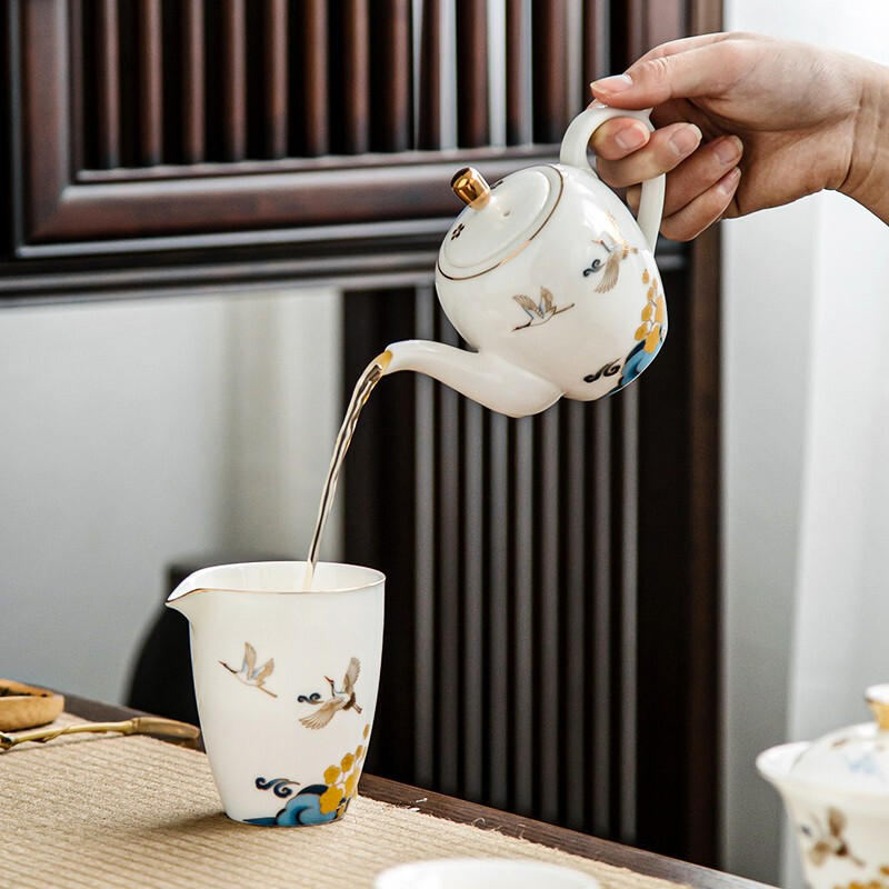 金镶玉 [国潮来袭]功夫茶具套装 中国白羊脂玉瓷家用陶瓷茶壶盖碗茶杯公道杯送礼礼盒装 花间云鹤羊脂玉瓷套装高清大图