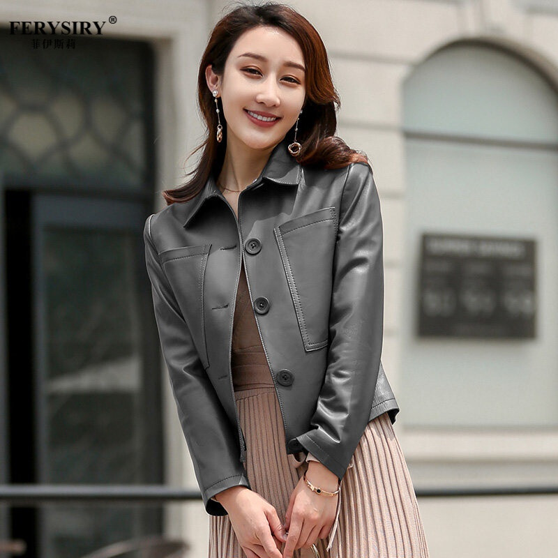 菲伊斯莉旗舰店 绵羊皮皮衣女2022年春秋新款休闲皮夹克短款时尚真皮