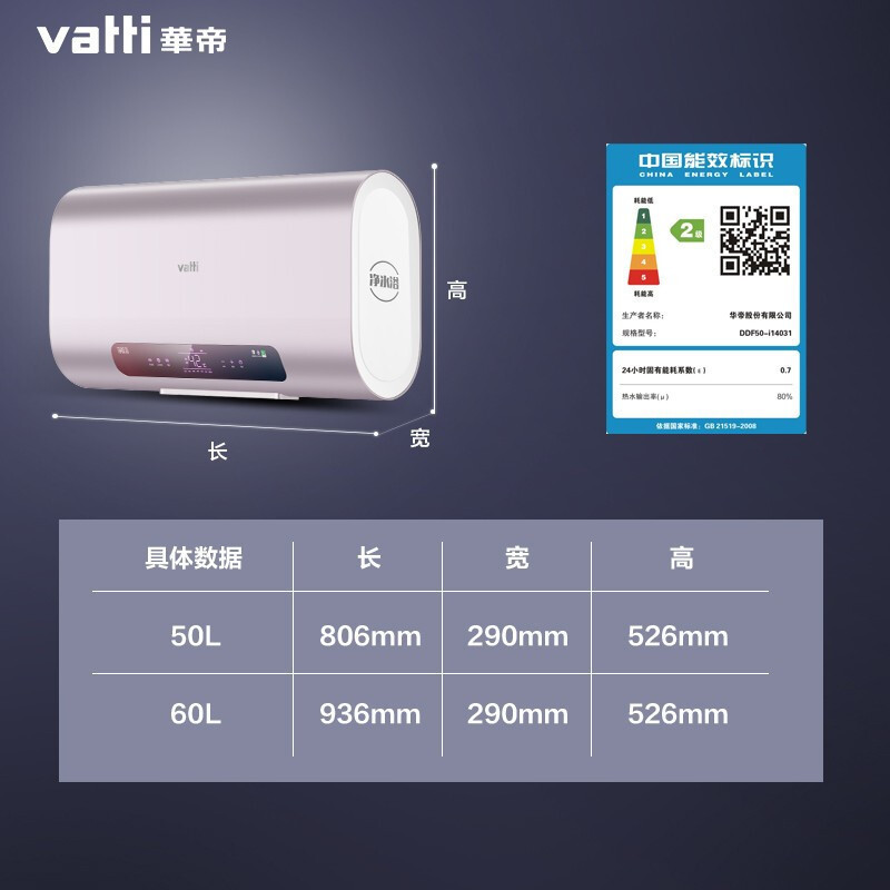 华帝(VATTI)50升电热水器 3000w双胆速热7层精滤 290mm纤薄幻变紫净水健康浴DDF50-i14031