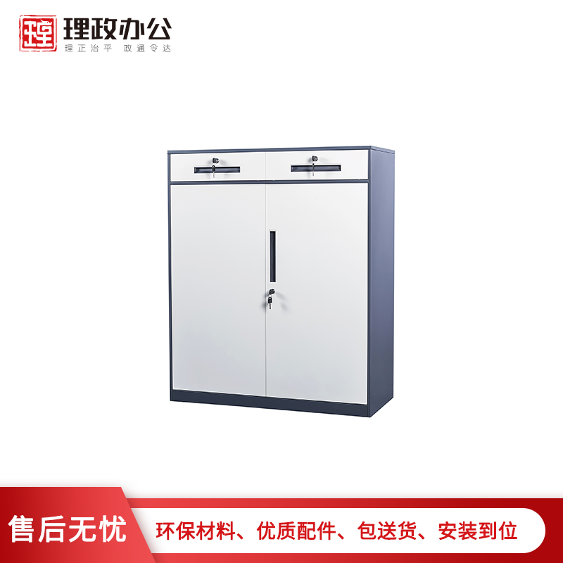 [理政]中二斗对开门文件矮柜 钢制档案柜 储物柜金属矮柜 拆装柜高清大图