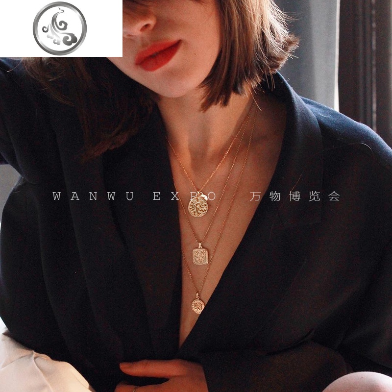 典藏S925银镀金欧美硬币项链 ins双面浮头像玫瑰复古文艺锁骨链 JiMi高清大图