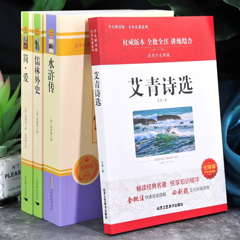 [九年级上下4册]水浒传艾青简爱儒林外史(赠考点) [正版]水浒传原著未删减完整版初中生青少年九年级上学生版必现代文半文