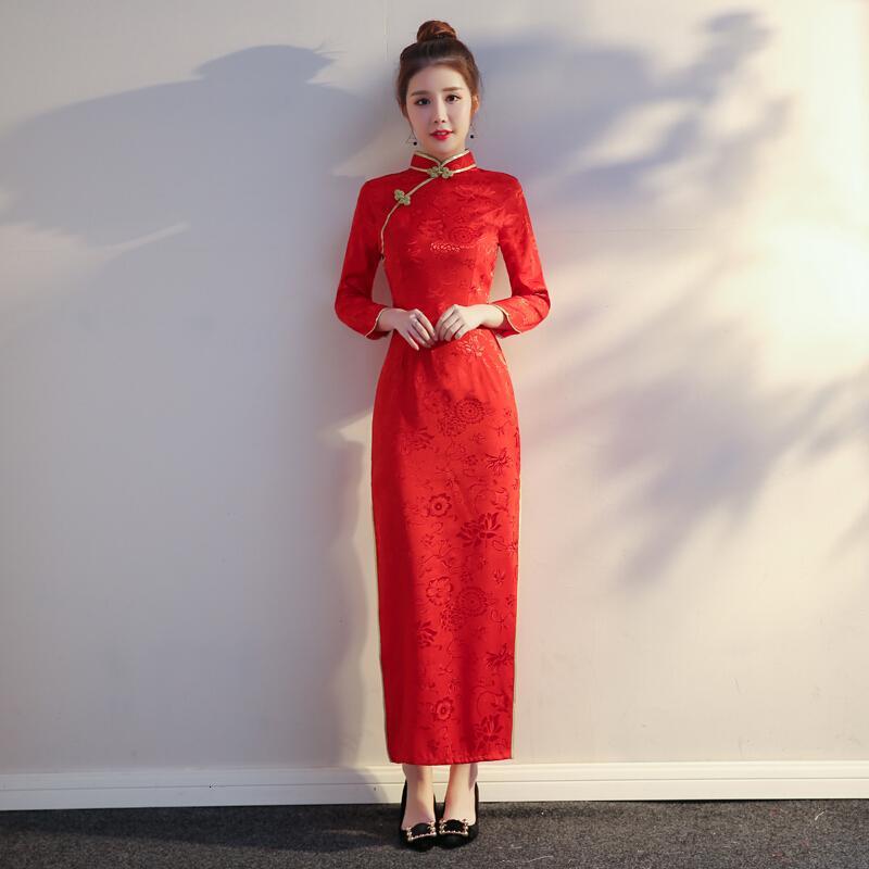 礼仪服装女迎宾小姐服秋冬季长袖裙红色长款酒店剪彩旗袍敬酒礼服