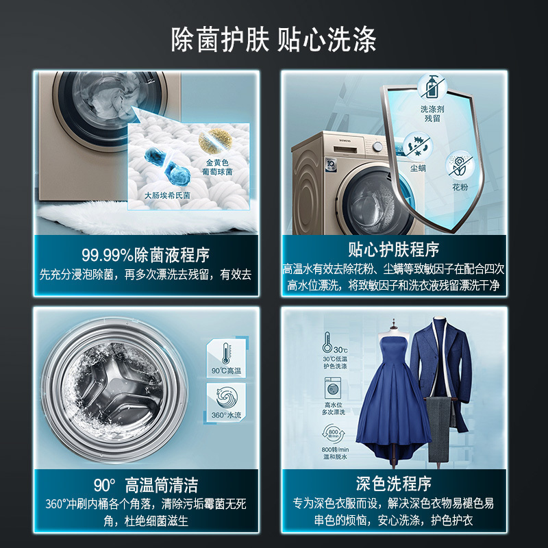 西门子洗衣机(SIEMENS)9公斤 家用全自动变频滚筒洗衣机 除菌护肤 高温筒清洁 智能感应 WG42A2Z31W