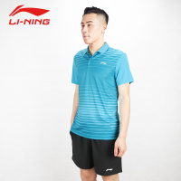 李宁LI-NING2018年条纹情侣款运动翻领针织短装夏季舒适休闲运动服