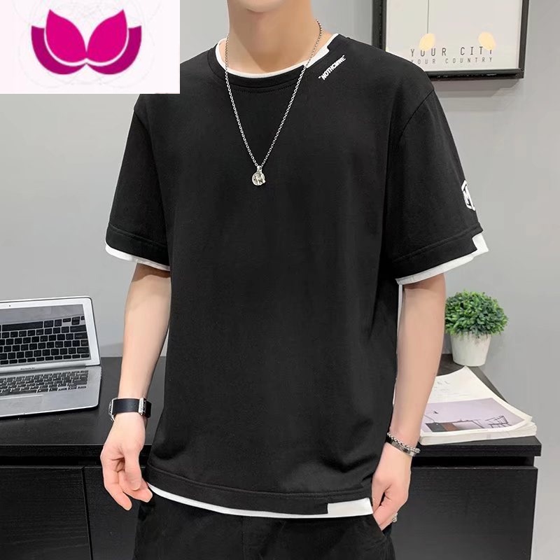 七斓t恤男短袖夏季新款韩版潮牌圆领假半袖ins潮宽松衣服男士体恤高清大图