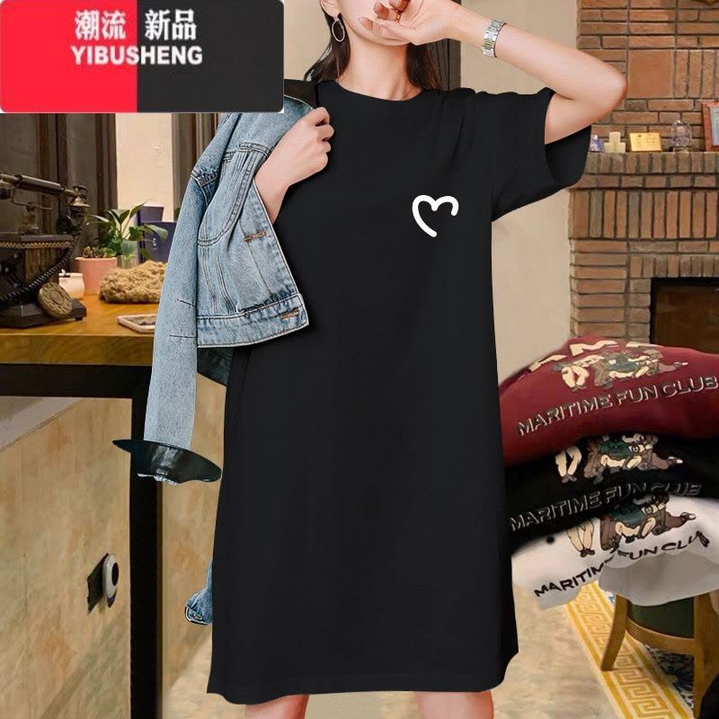 YIBUSHENG墨绿色中长款t恤裙2024季新款韩版宽松显瘦大码短袖连衣裙ins潮图片