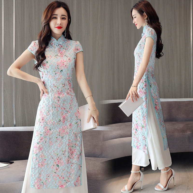 女士夏款新品复古中国风改良版越南奥黛旗袍连衣裙女长款端庄大气