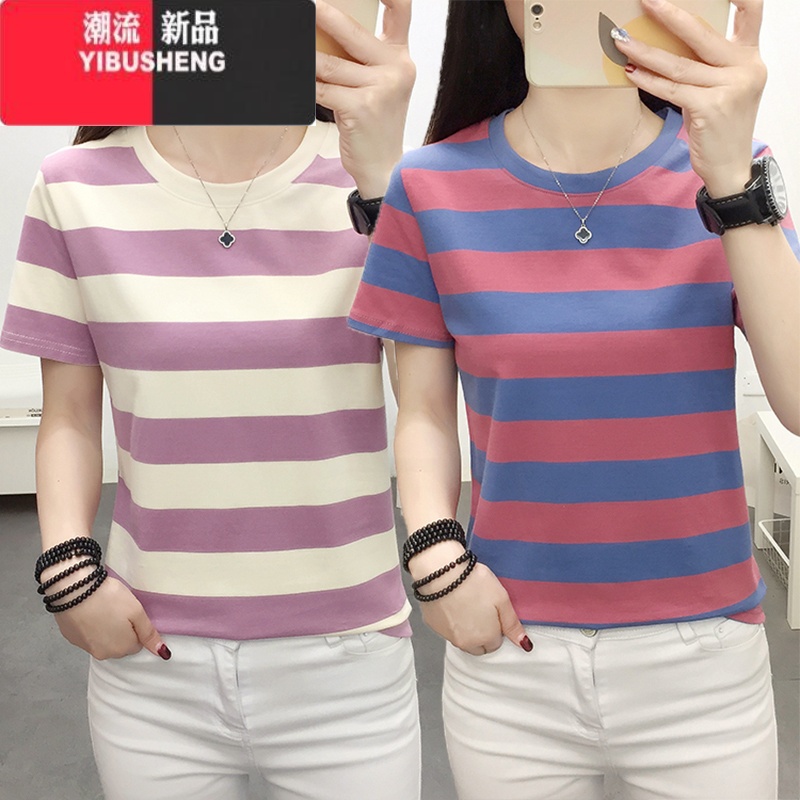 YIBUSHENG2024年新款装遮肚子宽松大码条纹短袖t恤女装正肩半袖体恤上衣高清大图