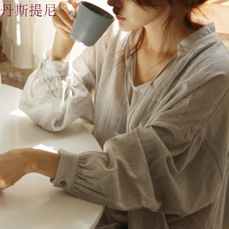 睡裙女夏长袖韩版长款薄睡衣春秋休闲简约纯棉麻布日系家居服