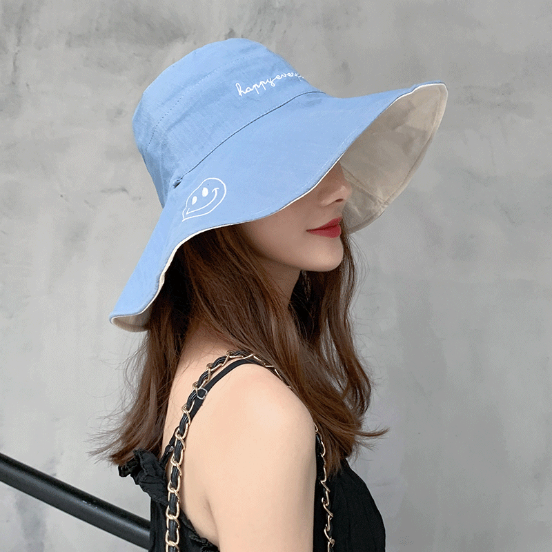 盛世尼曼双面笑脸渔夫帽女潮夏韩版遮脸日系百搭遮太阳防晒大沿帽子