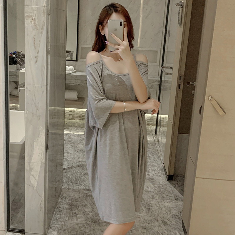 夏季韩版睡裙女莫代尔纯棉薄款短袖大码睡衣性感露肩春秋连衣裙子