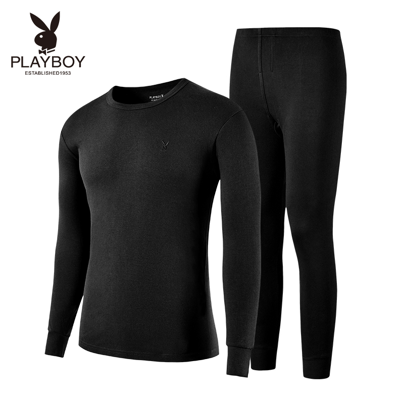 花花公子男士纯棉秋衣秋裤V圆领棉毛衫青年全棉薄款保暖内衣套裤高清大图