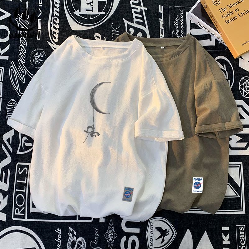 Claw money圆领棉麻短袖T恤男夏季休闲五分袖青少年百搭亚麻半袖图片