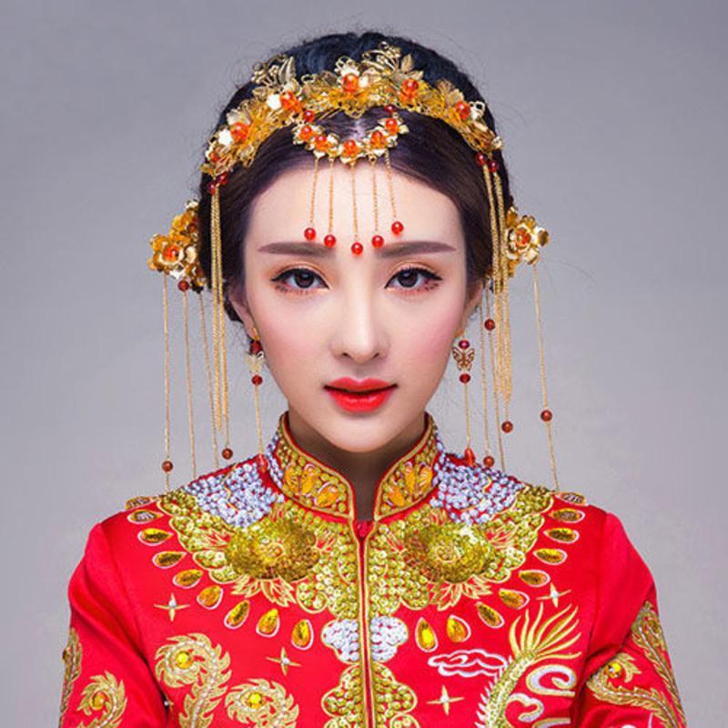 中式汉服新娘头饰套装流苏龙凤褂古风发饰结婚红色古装秀禾服凤冠