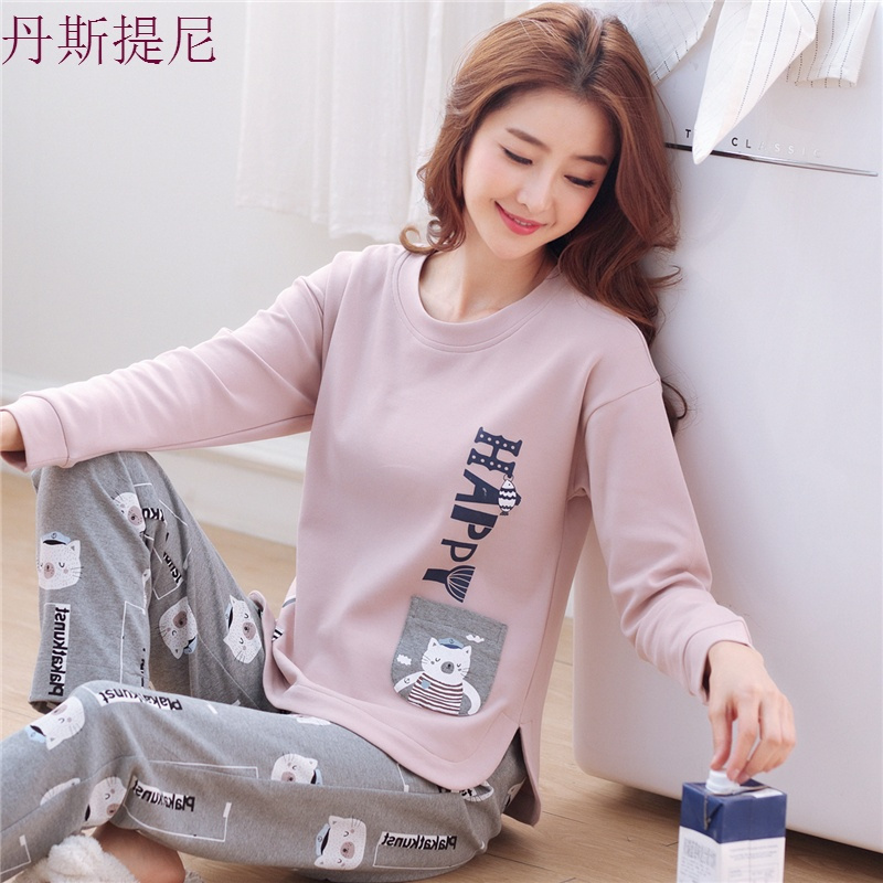韩版春秋季睡衣女纯棉长袖全棉甜美可爱夏天薄款可外穿家居服套装
