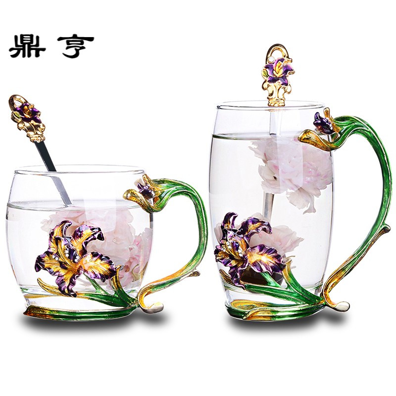 鼎亨鸢尾花珐琅彩玻璃水杯花茶杯柠檬杯女生水杯耐热玻璃杯凉水壶