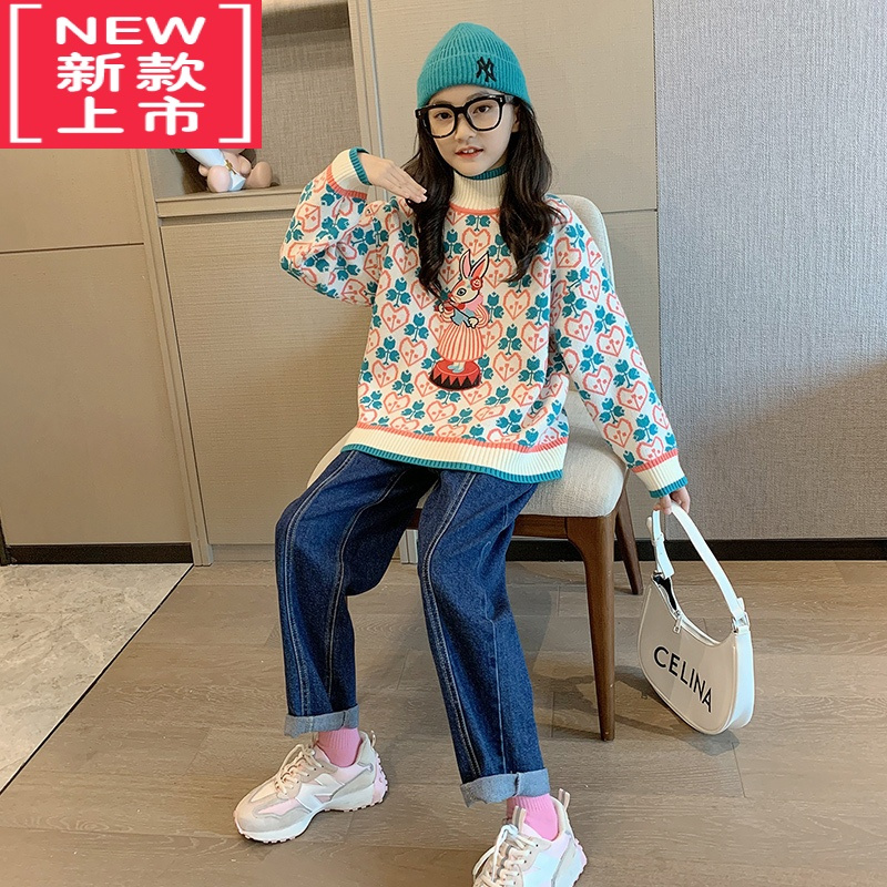 可莉允女大童秋冬款加绒加厚毛衣洋气半高领2022新款冬季儿童针织打底衫