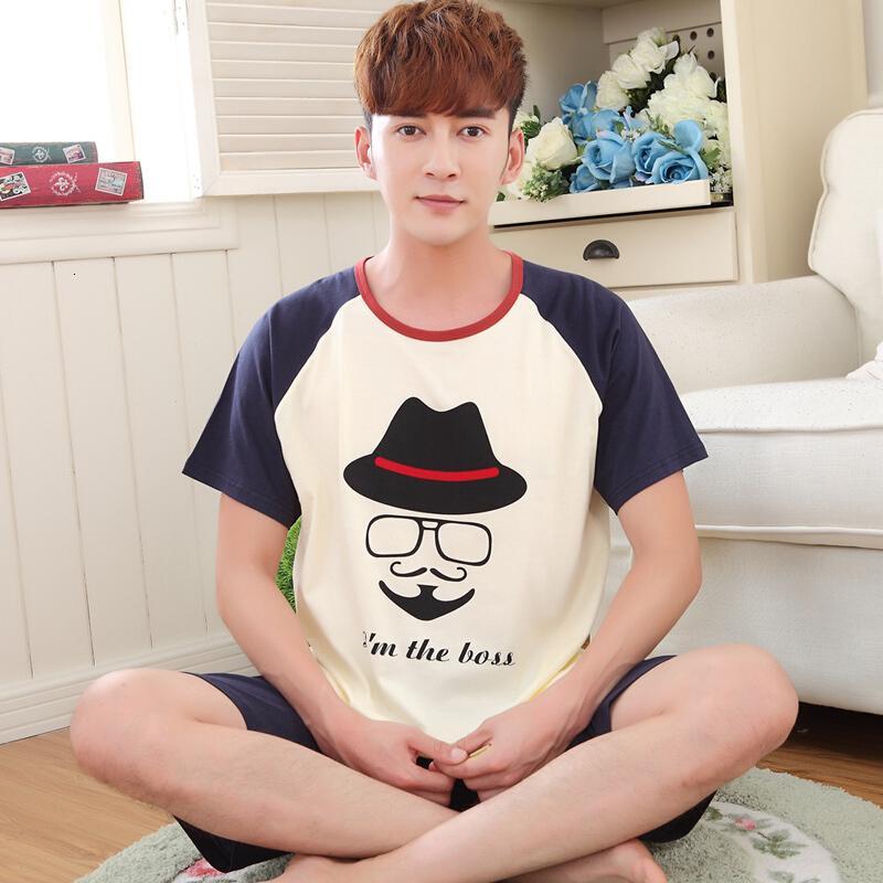 男士睡衣夏季纯棉短袖裤青少年夏天全棉薄款家居服套装加肥加大码