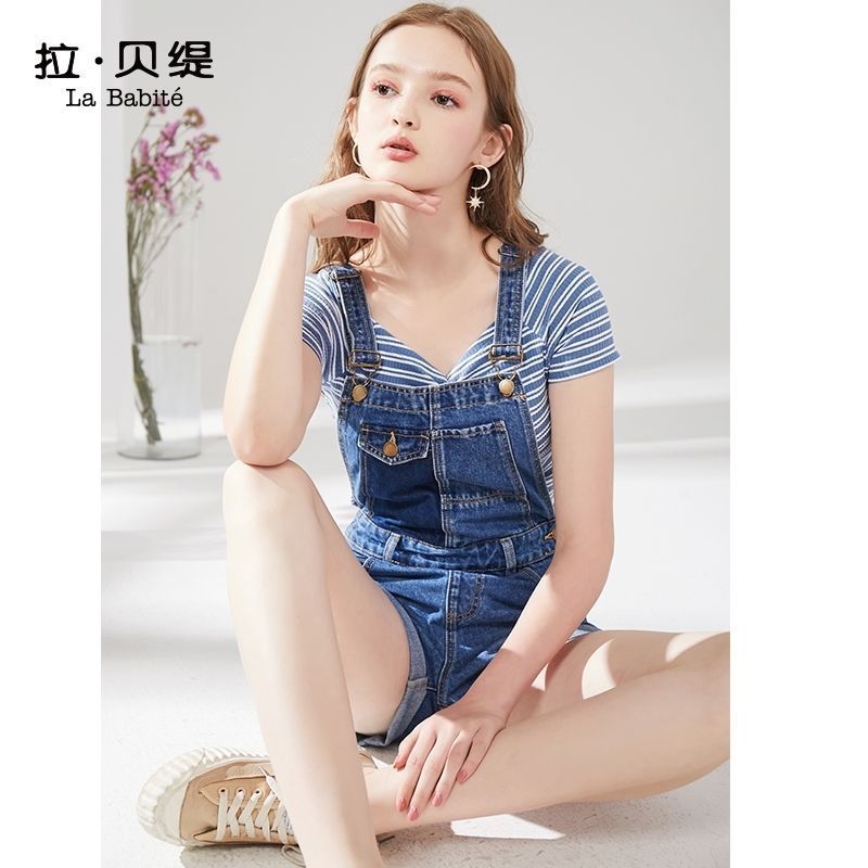 拉夏贝尔牛仔短裤女装高腰夏季新款韩版宽松背带裤直筒阔腿裤