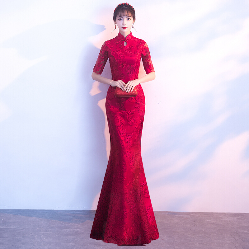 红色新娘敬酒服旗袍2018新款冬季长款复古中国风中式结婚礼服裙女
