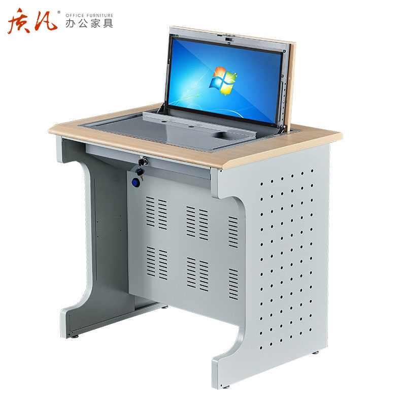质凡翻转电脑桌半嵌入式隐藏培训课桌zf-dnz002/90*60*75cm/张高清大图