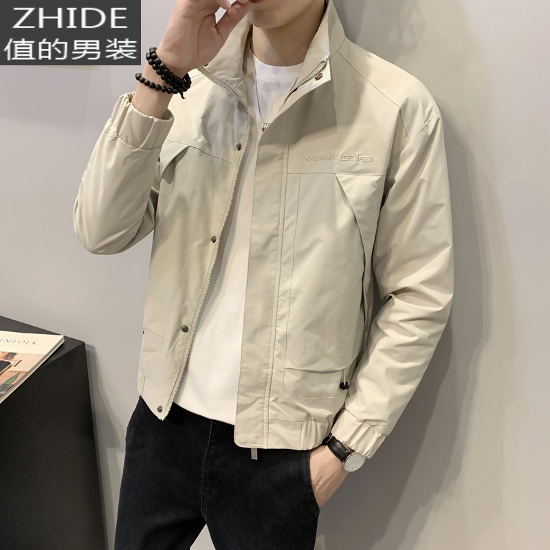 SUNTEK男士夹克英伦修身高领秋季工装时尚刺绣潮牌帅气休闲上衣服男外套夹克 卡其色 M