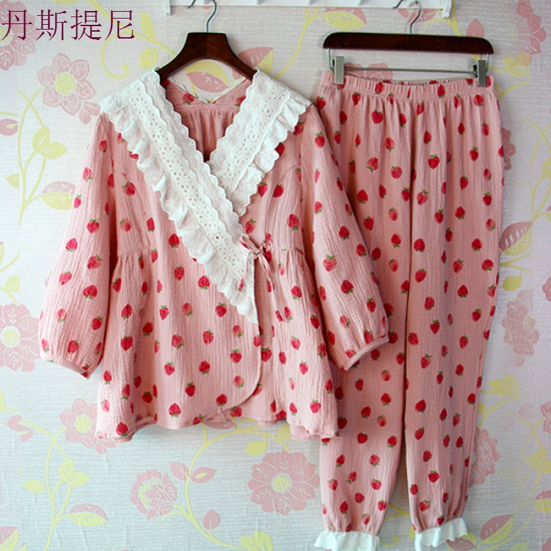秋季莓睡衣双层棉纱和服甜美可爱全棉家居服长裤纯棉女两件套装