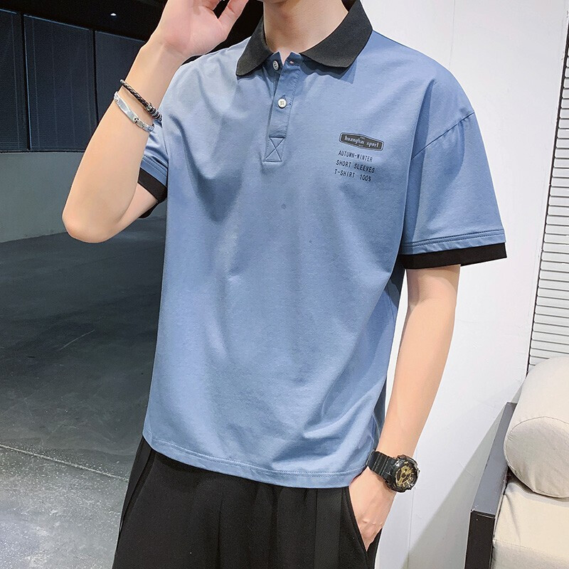 翻领t恤短袖男士2021夏季有领t恤带领男装流百搭印花简约半袖休闲夏装