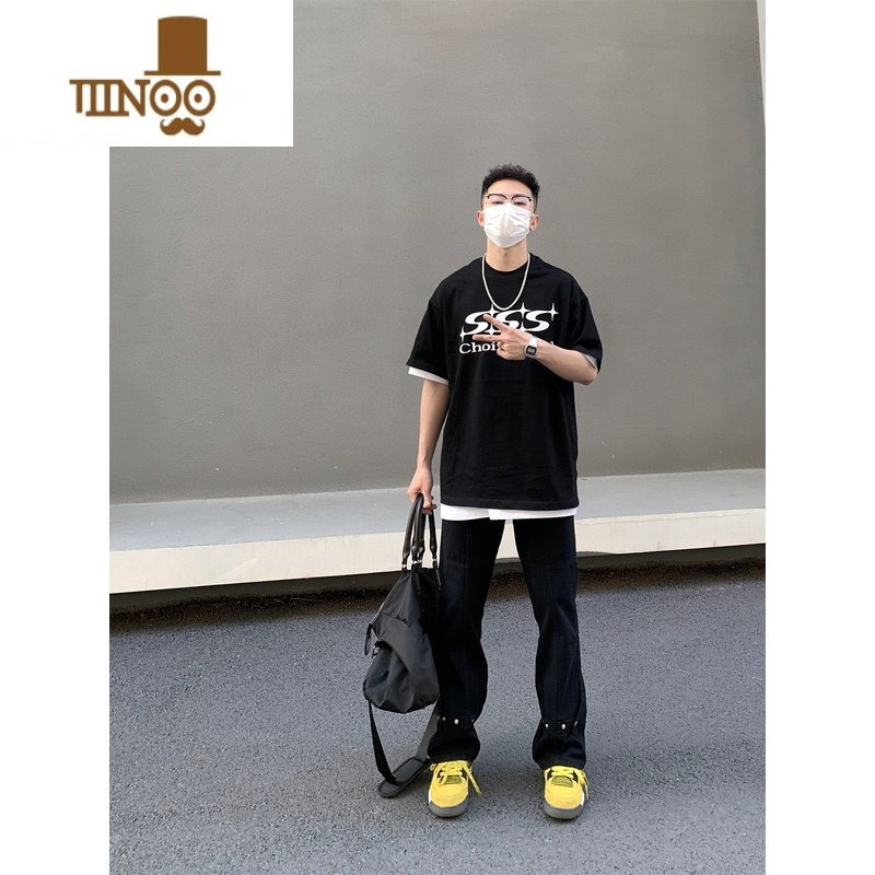 YANXU美式高街vibe风设计感排扣牛仔裤男ins潮牌直筒显瘦微喇百搭长裤