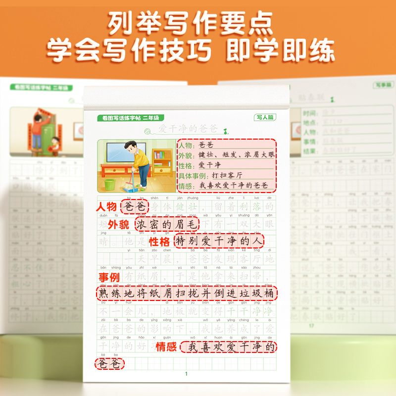 一年级看图写话字帖+真题训练 [正版]看图写话一年级二年级小学生练字帖每日一练小学语文同步人教版上册下册专项训练押题范文高清大图
