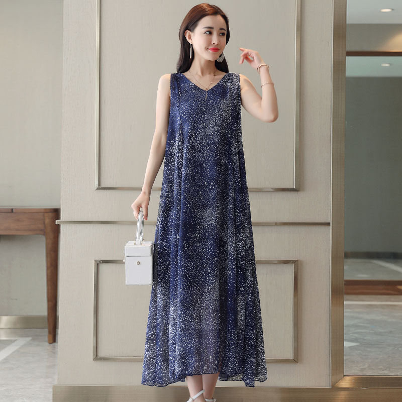 无袖背心连衣裙女士夏款新品女印花沙滩裙子复古大花气质雪纺长裙