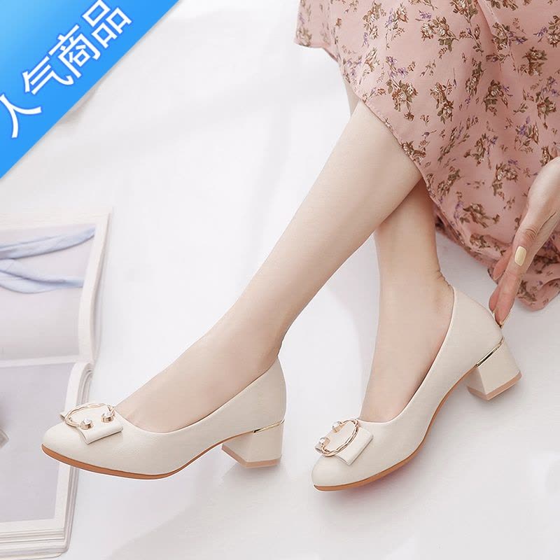 SUNTEK中年妈妈鞋春秋款软底舒适浅口单鞋女夏豆豆鞋2023新款粗跟高跟鞋图片