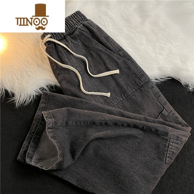 YANXU复古水洗松紧腰抽绳工装牛仔裤男士韩版宽松ins潮痞帅直筒休闲松高清大图