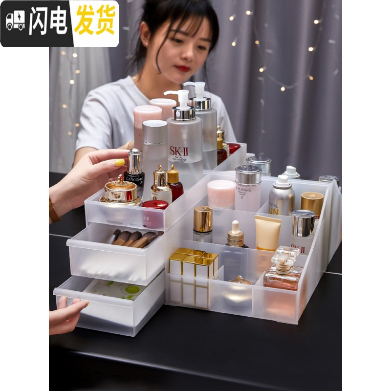 三维工匠透明化妆品收纳盒宿舍桌面口红整理盒简约梳妆台护肤品抽屉置物架高清大图